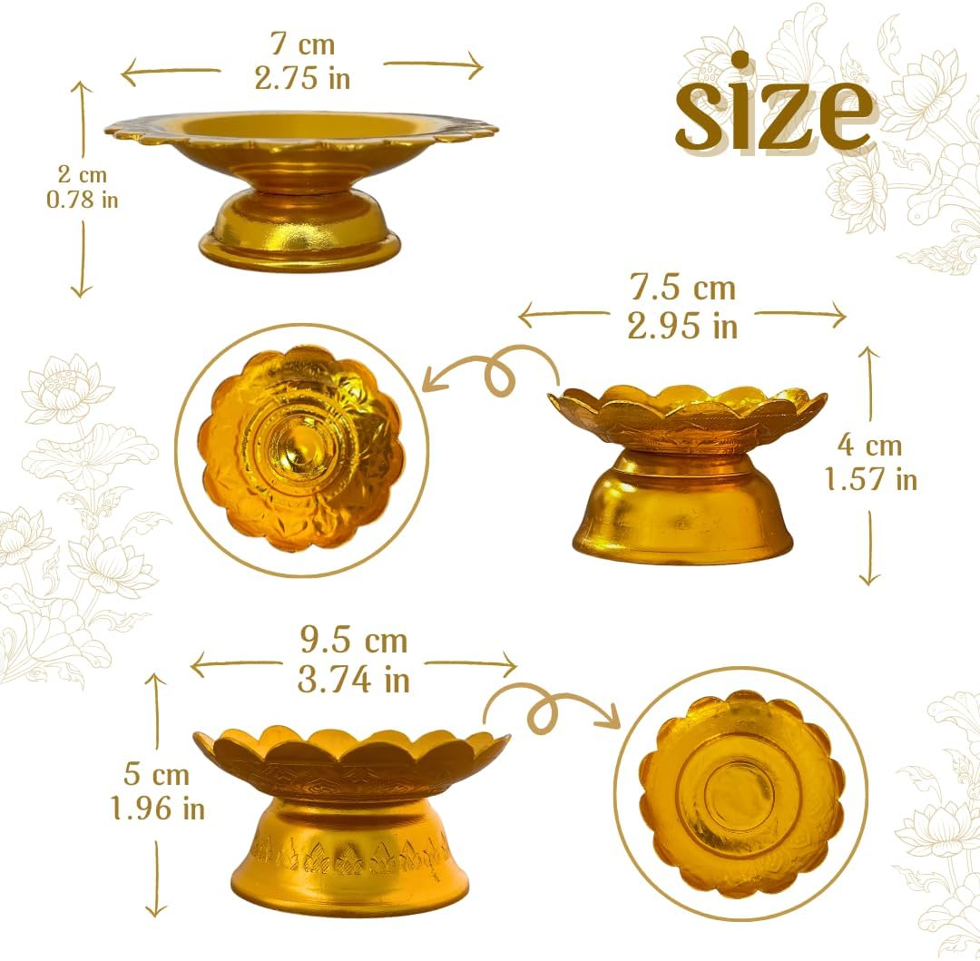 3-Piece Thai-Style Gold-Tone Pedestal Tray Set: 3-Inch Mini Decorative Offering Trays—Perfect for Home Altars, Buddha Statues, or Shelf Decor Displays - Image 2