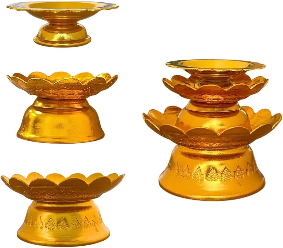 3-Piece Thai-Style Gold-Tone Pedestal Tray Set: 3-Inch Mini Decorative Offering Trays—Perfect for Home Altars, Buddha Statues, or Shelf Decor Displays