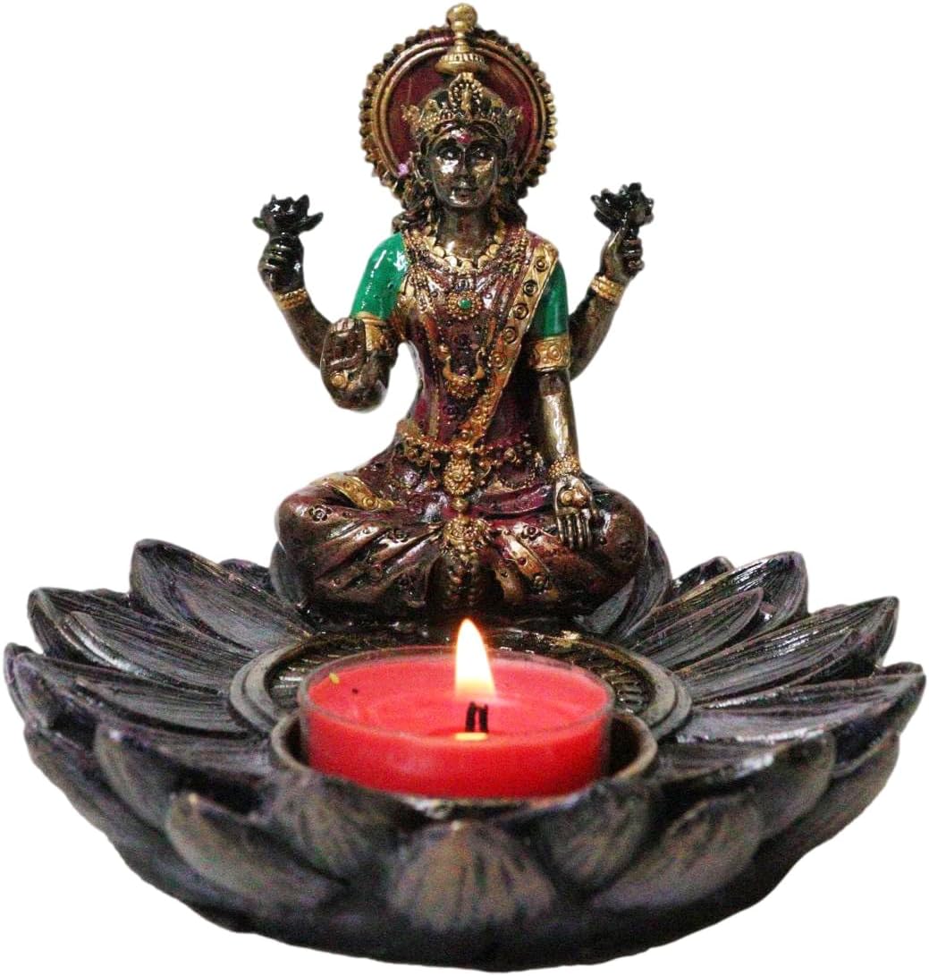 Hindu Deity Series: Lakshmi (Goddess of Wealth & Prosperity) — Lotus-Base Candle Holder Ornament — Ideal for Shrine & Altar Worship