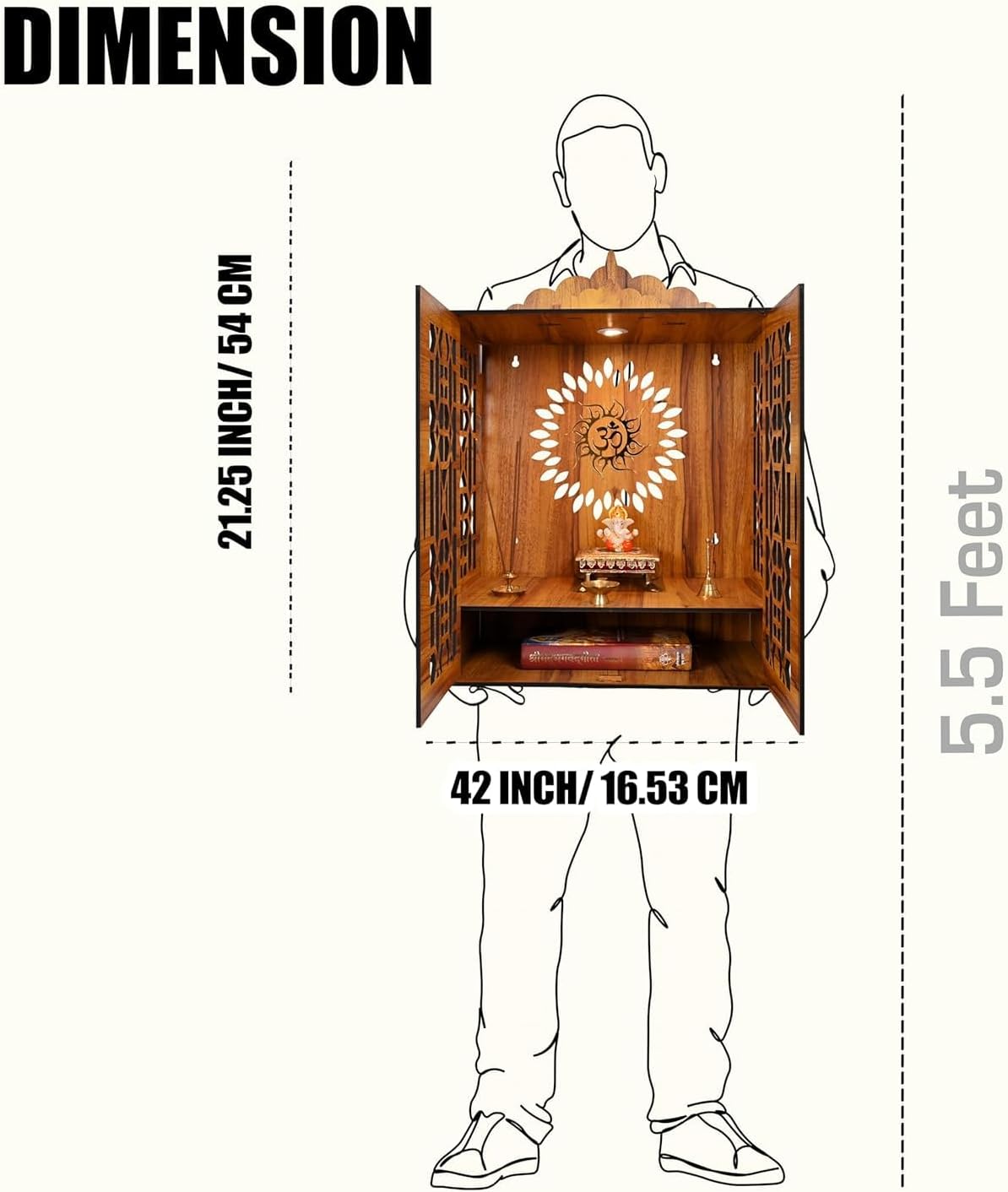 Wooden Home Shrine — Hindu Prayer Altar; Wall-Mounted Cabinet with LED Lighting; Board Material Construction (Assembly Required) — Features Storage Compartment | (21" H x 16.5" L x 10" W) - Image 2
