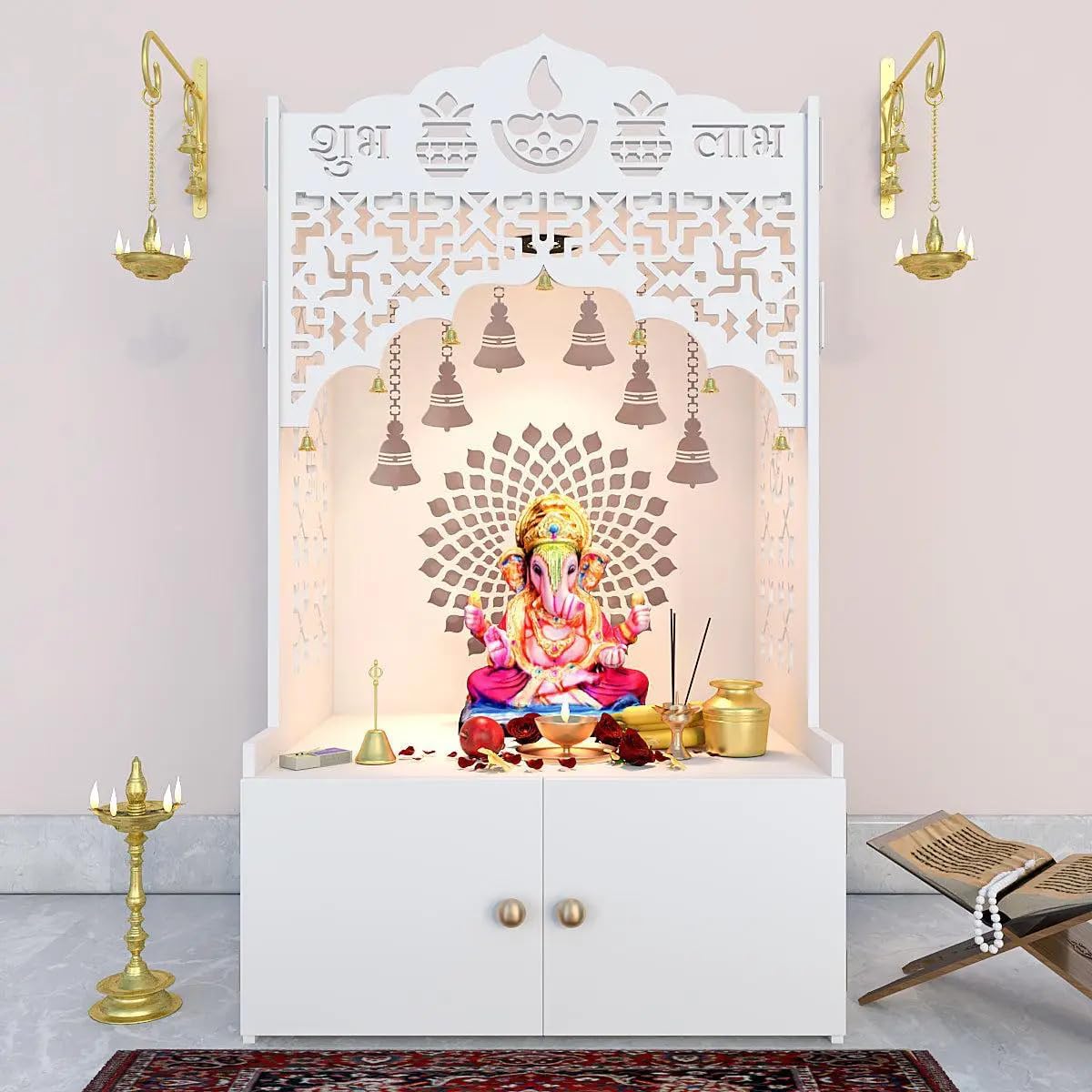 Elegant Wooden Home Shrine — Spacious Shelving with Built-in Spotlight; Floor-Standing Cabinet with Doors — 31 Inches Tall (Medium / White) | Festival Decor | Indian-Style Shrine