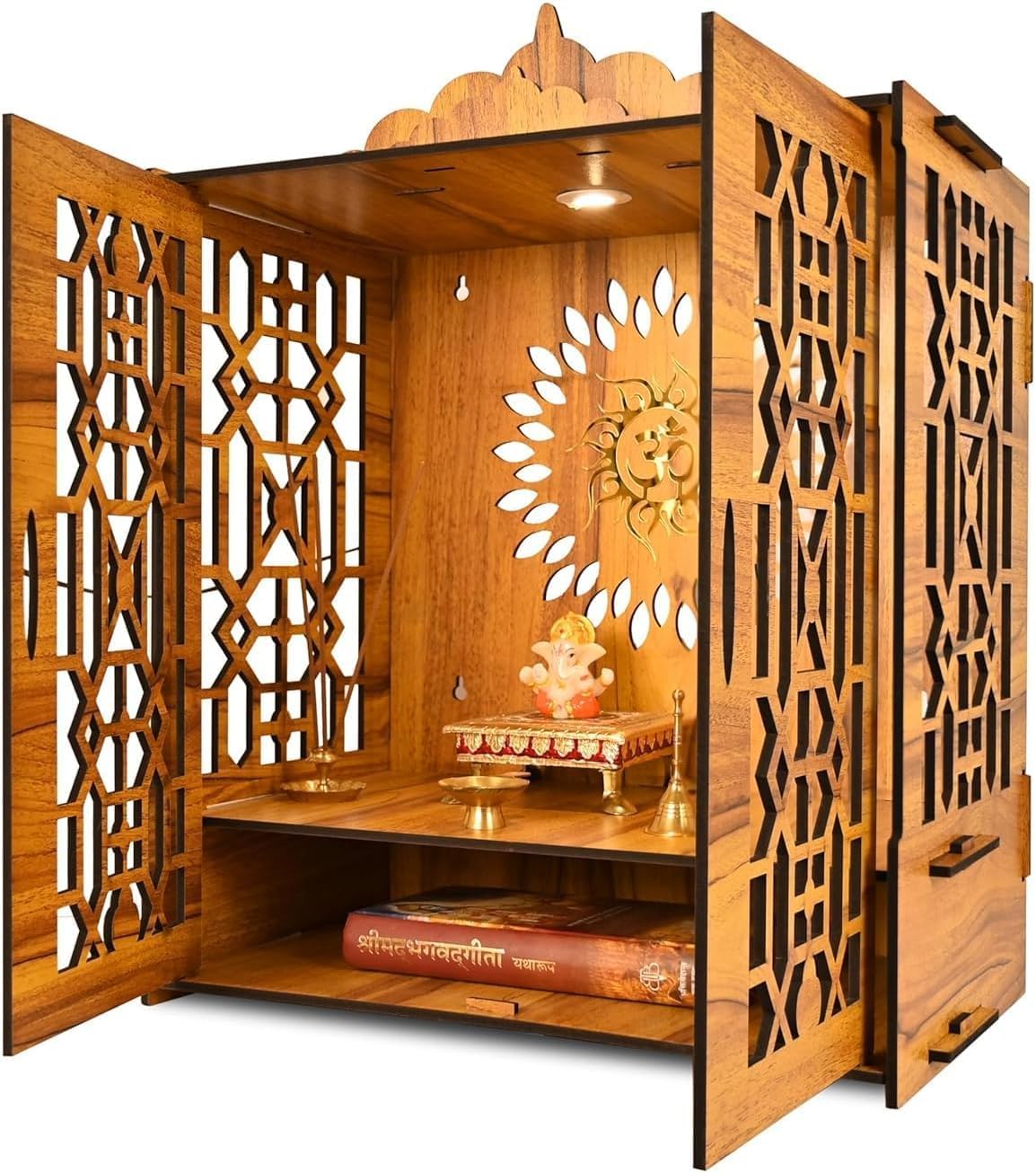Wooden Home Shrine — Hindu Prayer Altar; Wall-Mounted Cabinet with LED Lighting; Board Material Construction (Assembly Required) — Features Storage Compartment | (21" H x 16.5" L x 10" W)