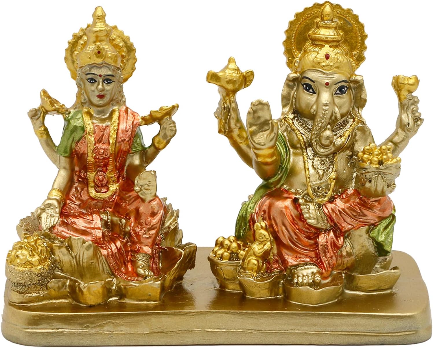 Hindu Deity Duo Statue — Ganesha (the Elephant God) & Lakshmi (the Goddess of Wealth) (3.7 Inches Tall); Indian Deity Ornament, Perfect for Home Shrines, Diwali Gifts, and Home/Office Decor