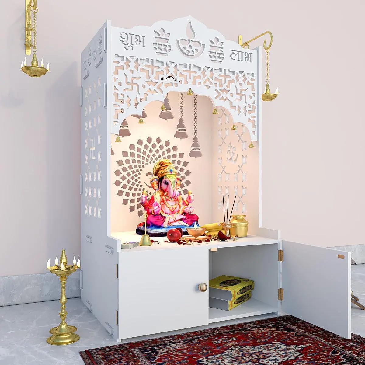 Elegant Wooden Home Shrine — Spacious Shelving with Built-in Spotlight; Floor-Standing Cabinet with Doors — 31 Inches Tall (Medium / White) | Festival Decor | Indian-Style Shrine - Image 2