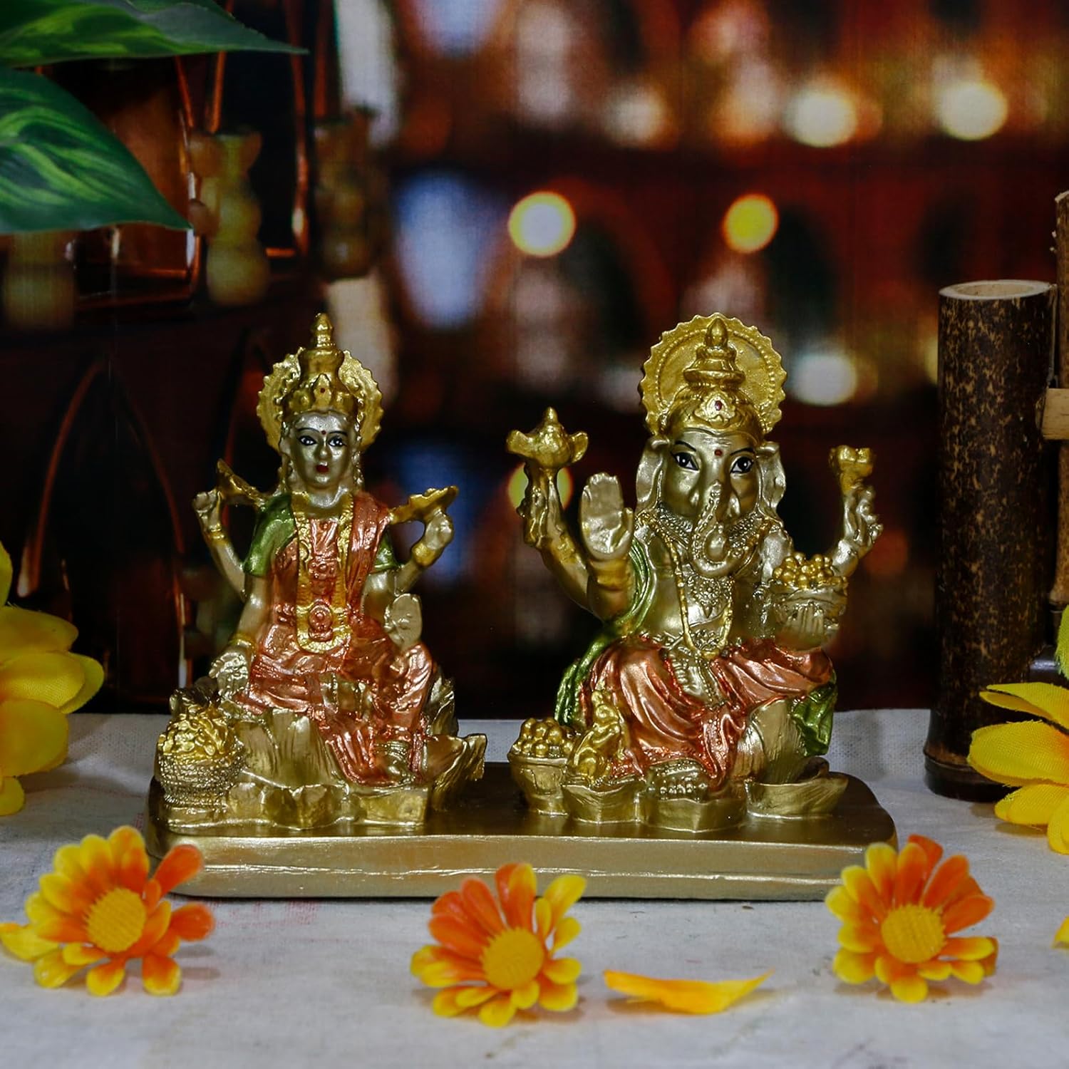 Hindu Deity Duo Statue — Ganesha (the Elephant God) & Lakshmi (the Goddess of Wealth) (3.7 Inches Tall); Indian Deity Ornament, Perfect for Home Shrines, Diwali Gifts, and Home/Office Decor - Image 2