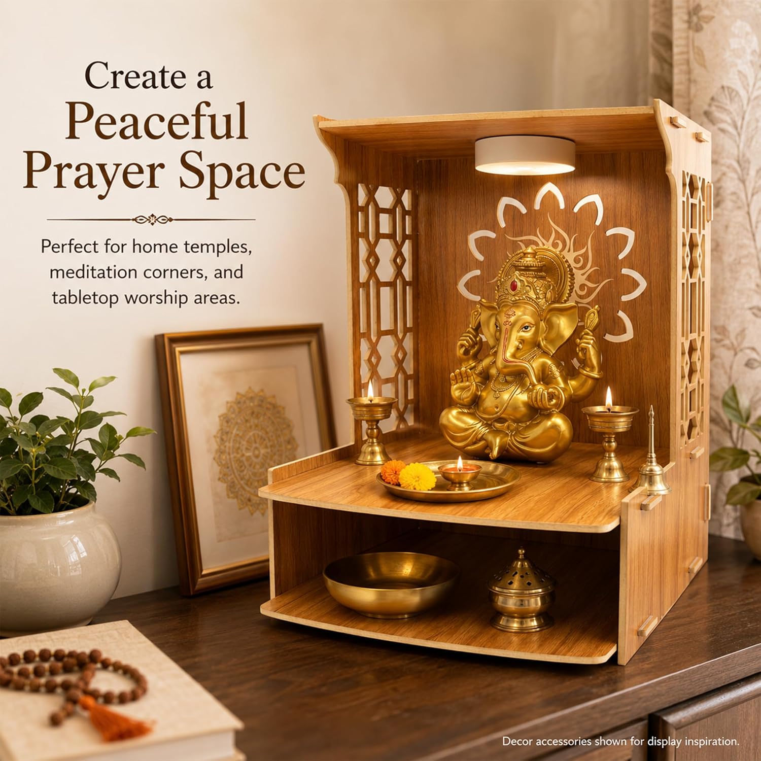 Wooden Home Shrine — Tabletop Design with Dual Shelves for Easy Storage; A Dedicated Cabinet for Hindu Worship Rituals - Image 2