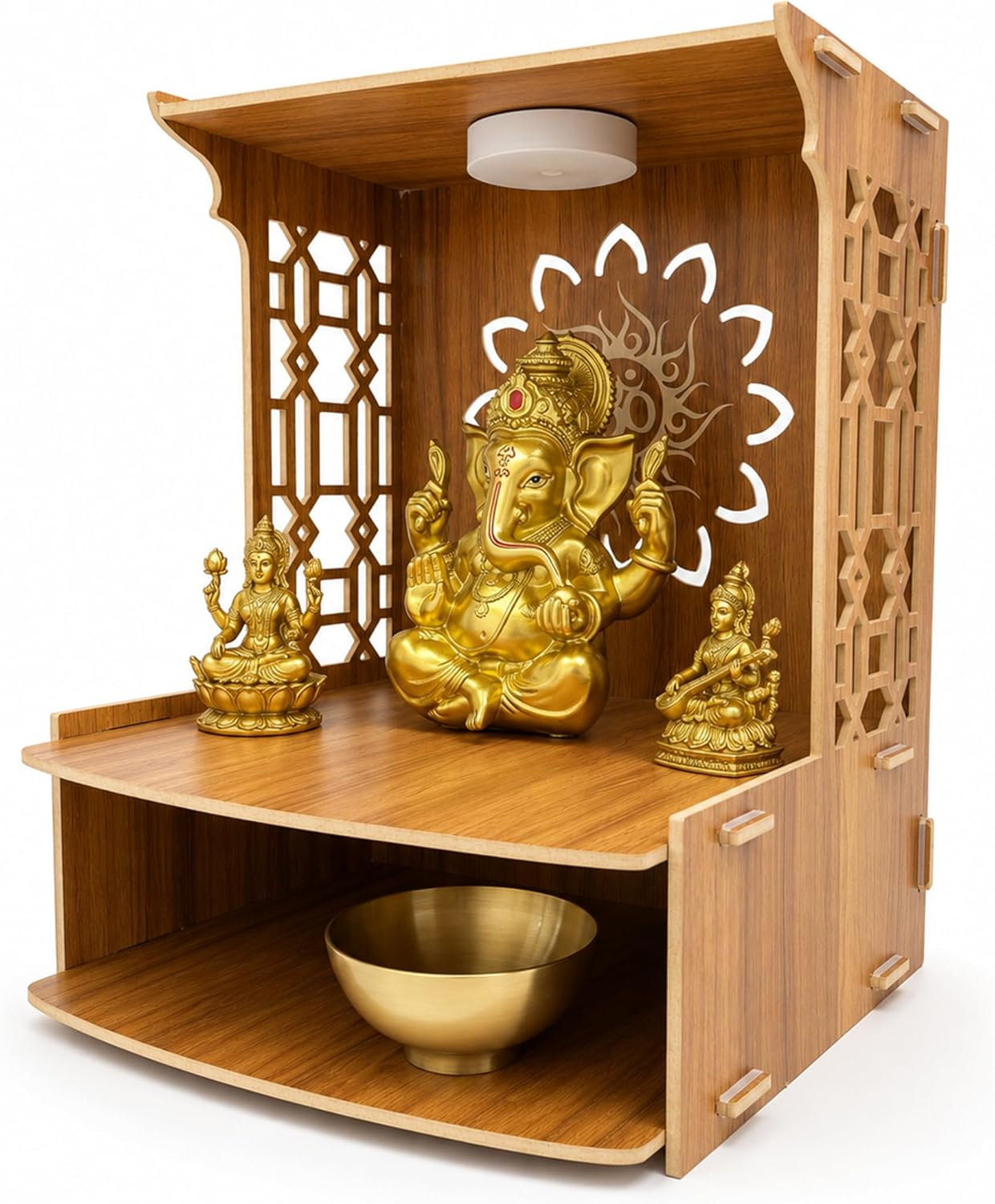 Wooden Home Shrine — Tabletop Design with Dual Shelves for Easy Storage; A Dedicated Cabinet for Hindu Worship Rituals